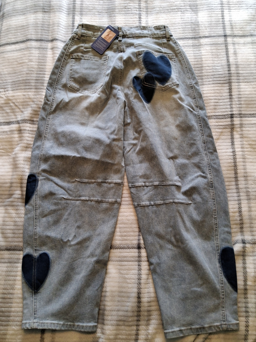 Blue Wide-Leg Jeans with Navy Heart Patches - Picture 2 of 3